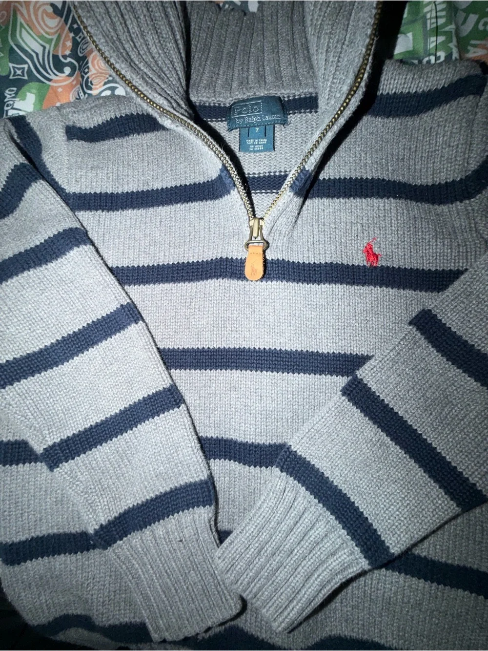 Ralph Lauren Kids Gray and Navy Striped Zip-Neck Sweater with classic Red Logo